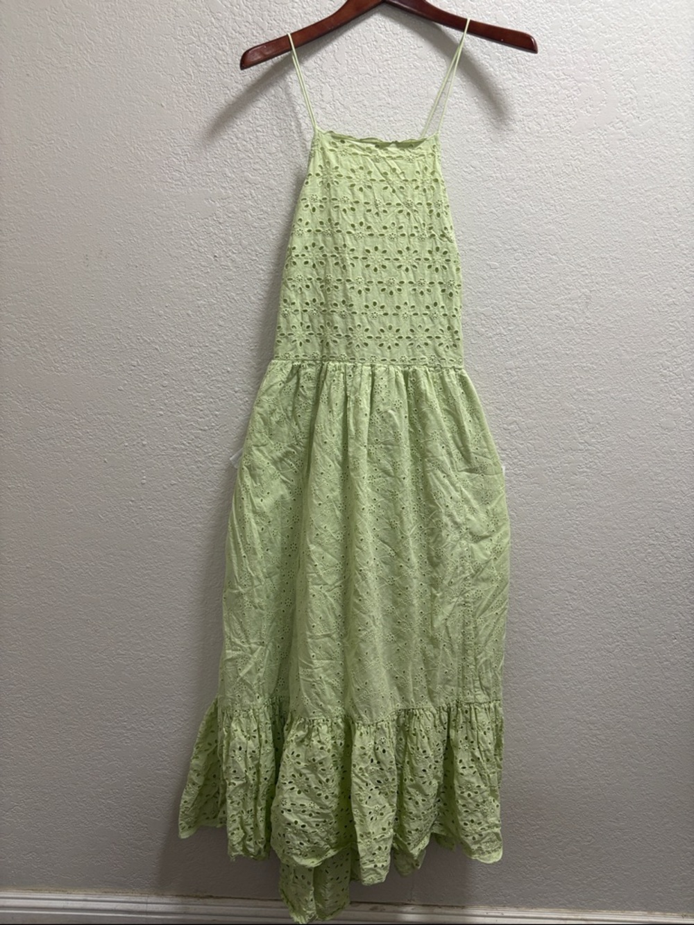 American Eagle Outfitters Light Green Eyelet Maxi Dress with Spaghetti Straps